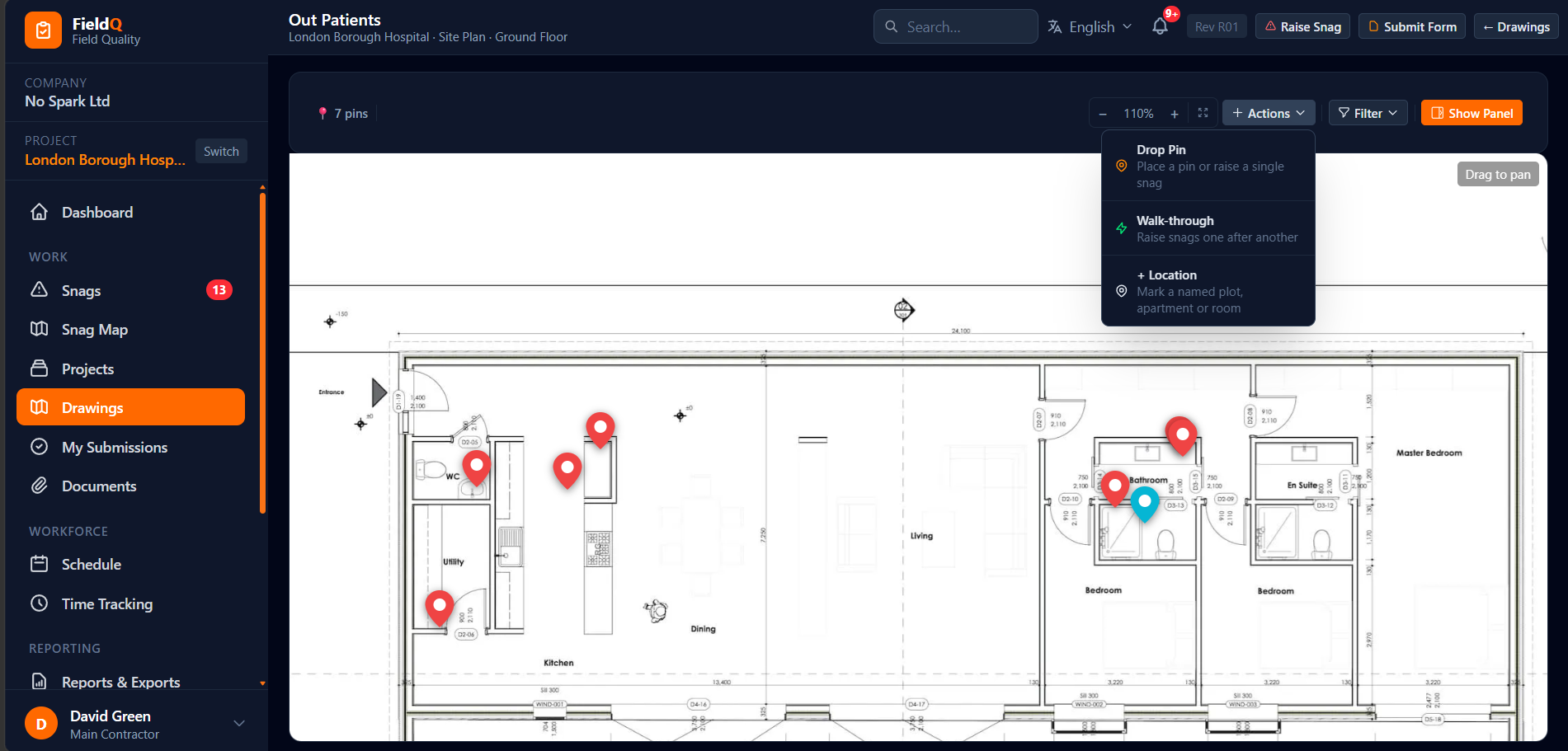 FieldQ drawing viewer showing snag and location pins on a floor plan, with Drop Pin, Walk-through and Location actions